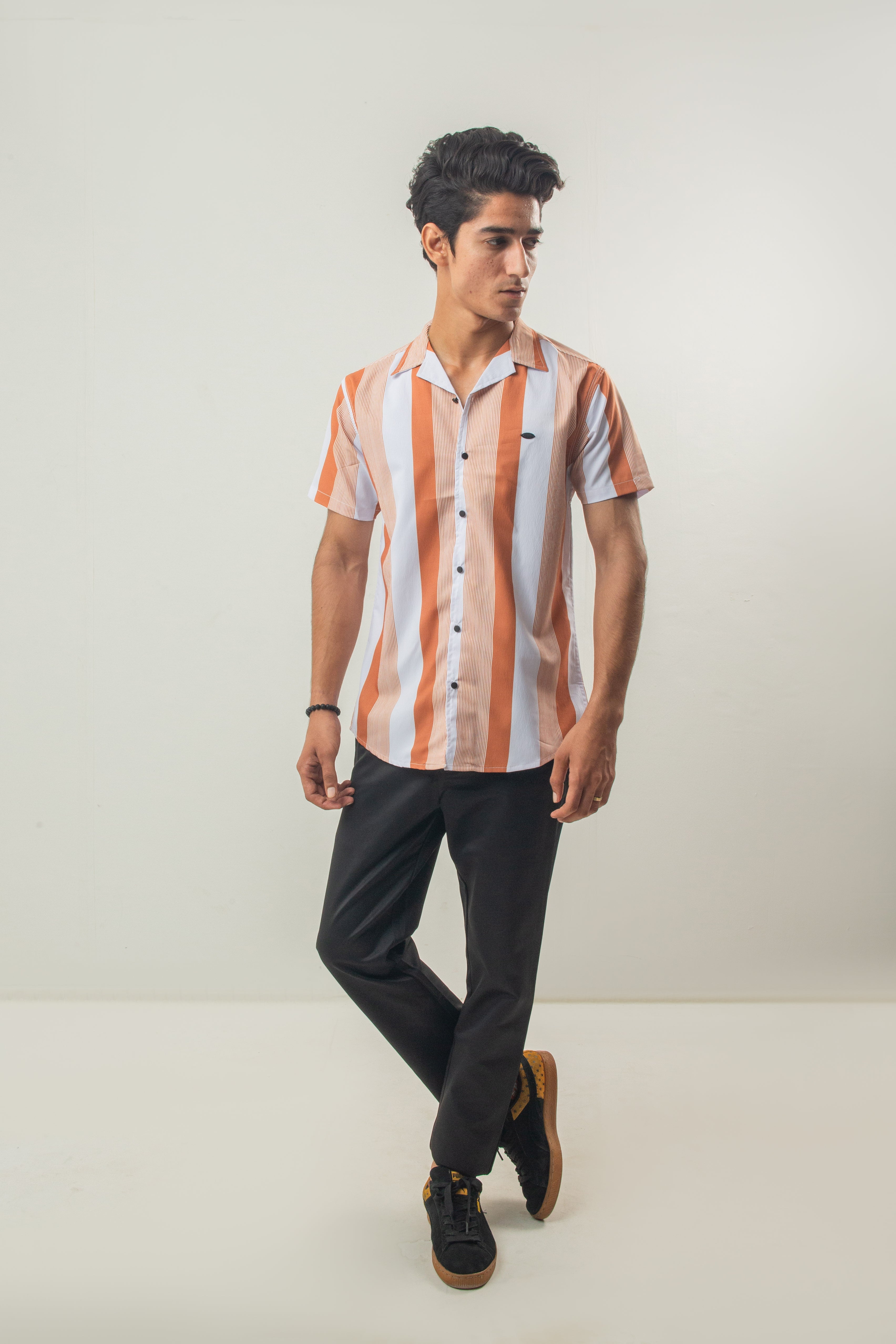 Dual Tone Thin Stripes Casual Shirt Half Sleeves - Peach