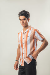 Dual Tone Thin Stripes Casual Shirt Half Sleeves - Peach