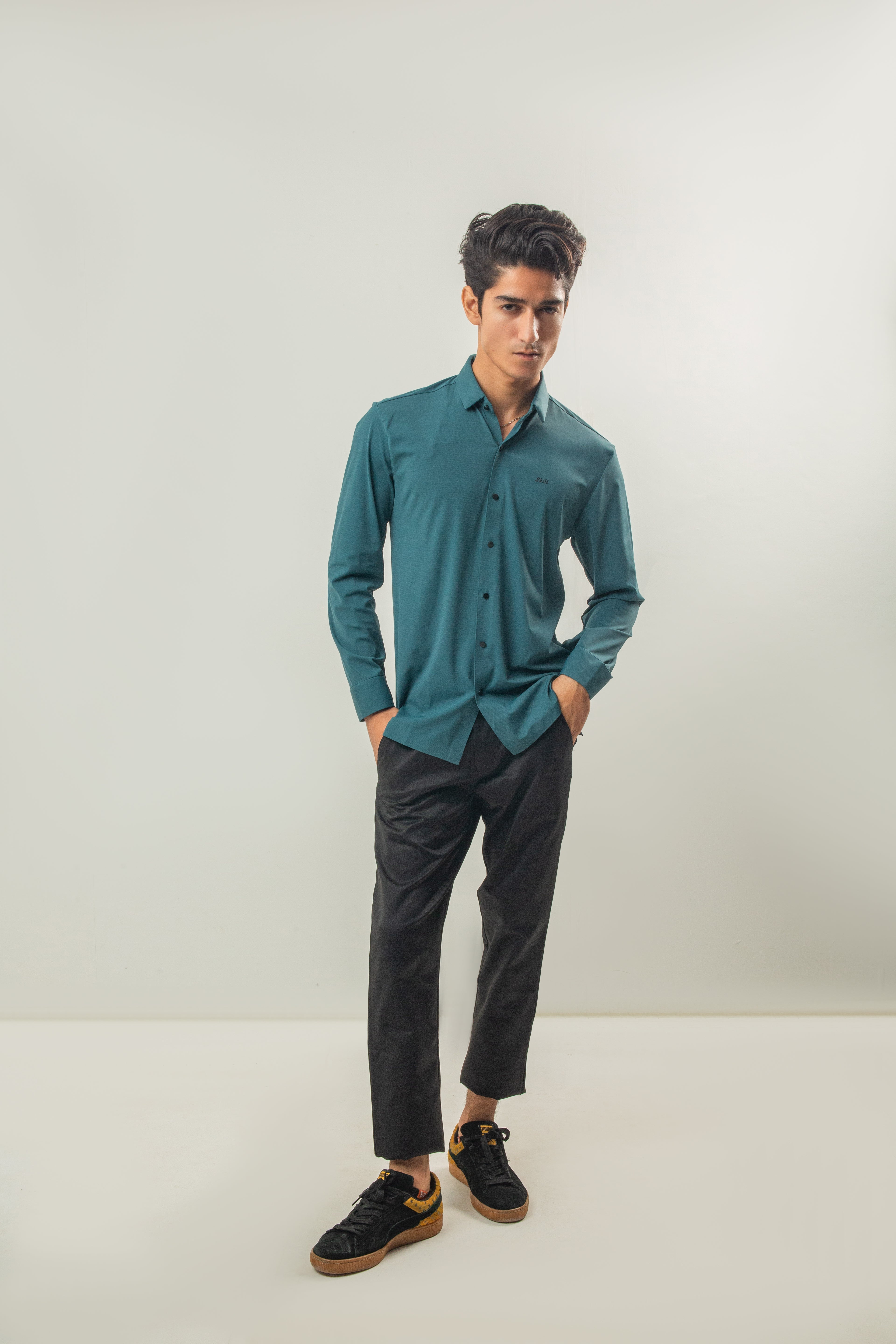 Ice Silk Material Plain Stretchable Shirt Full Sleeves - Sea Green