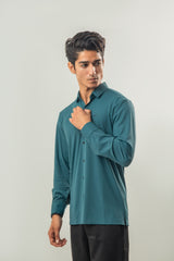 Ice Silk Material Plain Stretchable Shirt Full Sleeves - Sea Green