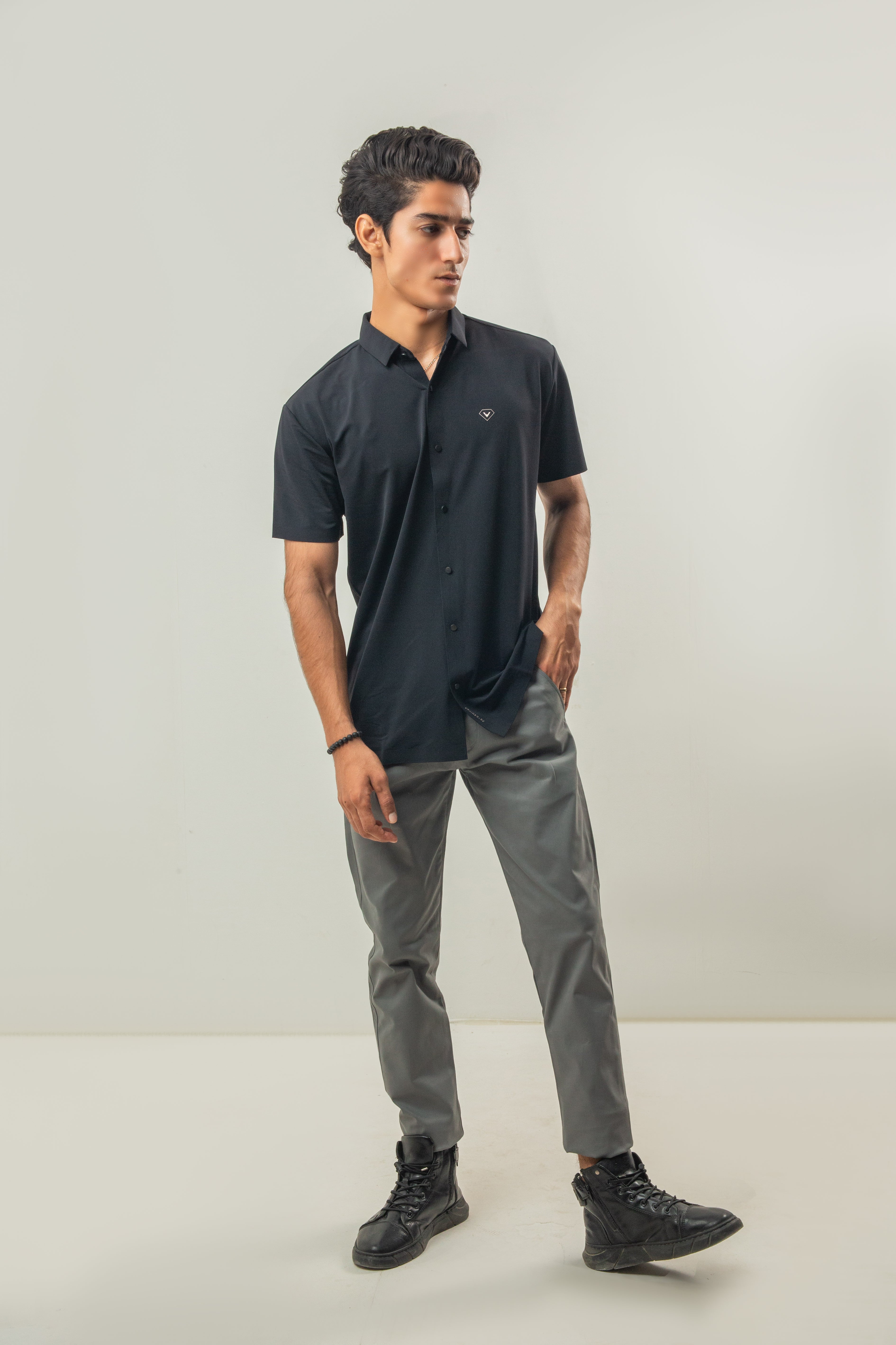 Relaxed Fit Plain Casual Half Sleeves Shirt - Black