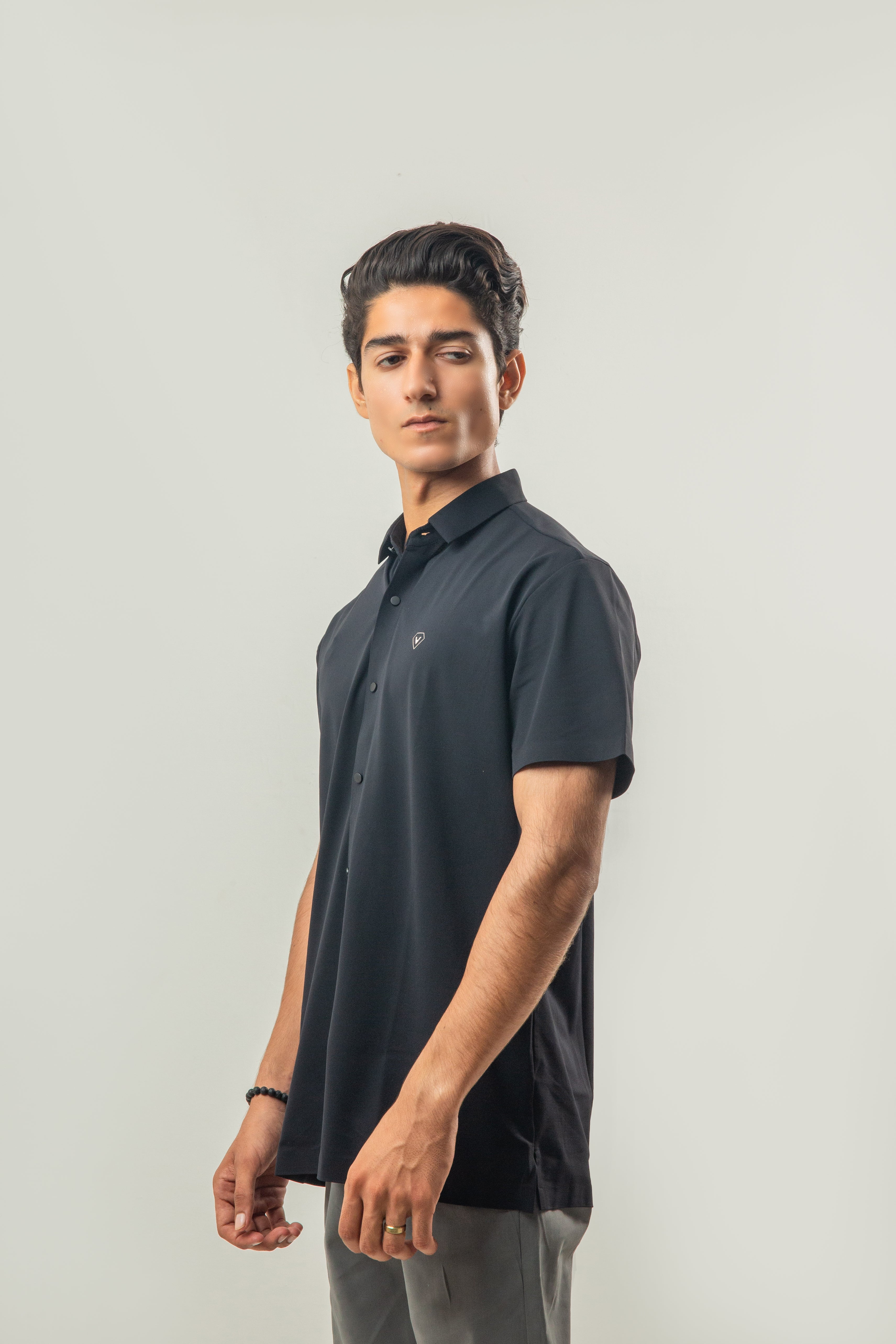 Relaxed Fit Plain Casual Half Sleeves Shirt - Black