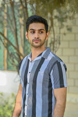 Dual-Tone Stripes Casual Shirt Half Sleeves - Gray Shade