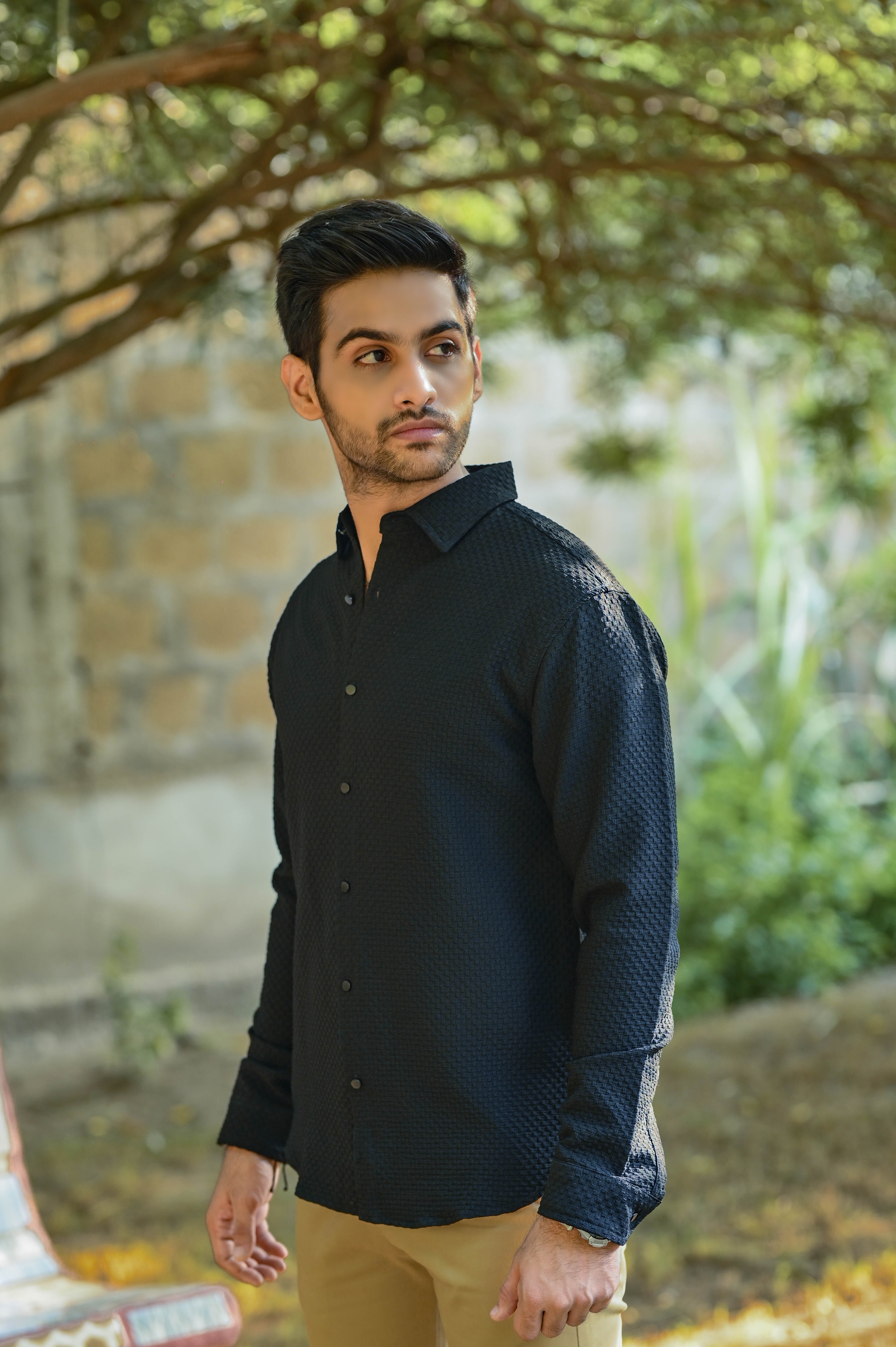 Textured Casual Stretch Shirt Full Sleeves - Black