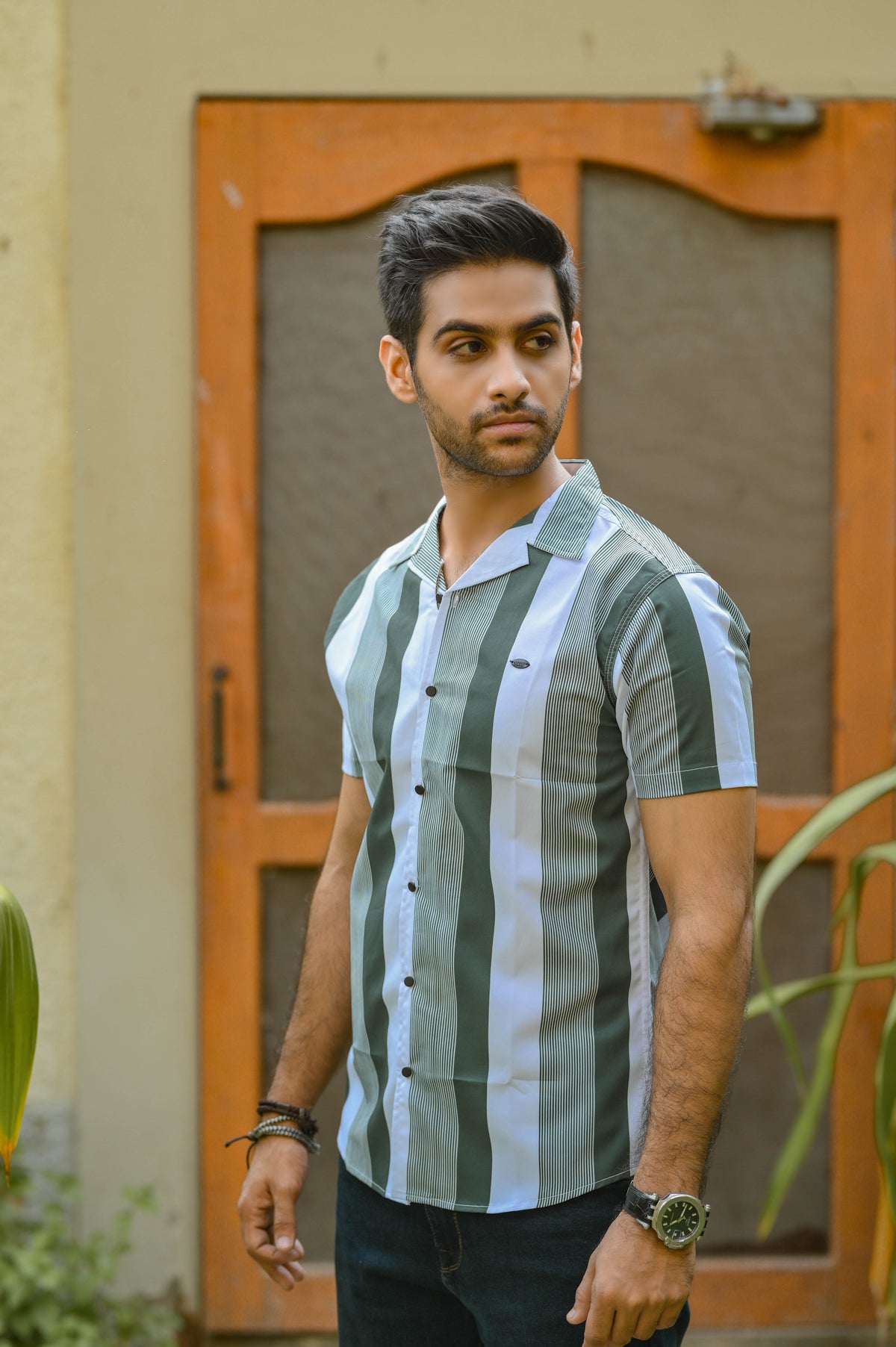 Dual-Tone Stripes Casual Shirt Half Sleeves - Dark Green Shade