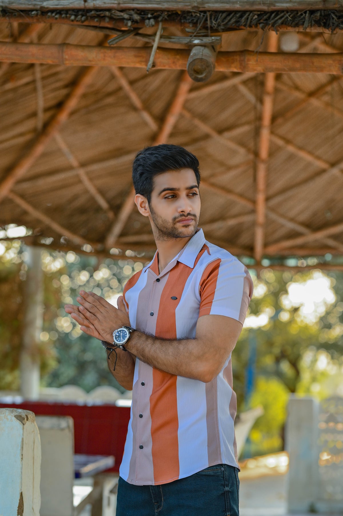 Dual-Tone Stripes Casual Shirt Half Sleeves - Peach Shade